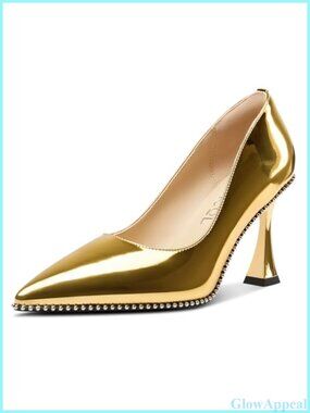 Womens Pointed Toe Patent Leather Kitten Heel Slip-On Beaded Party Pumps